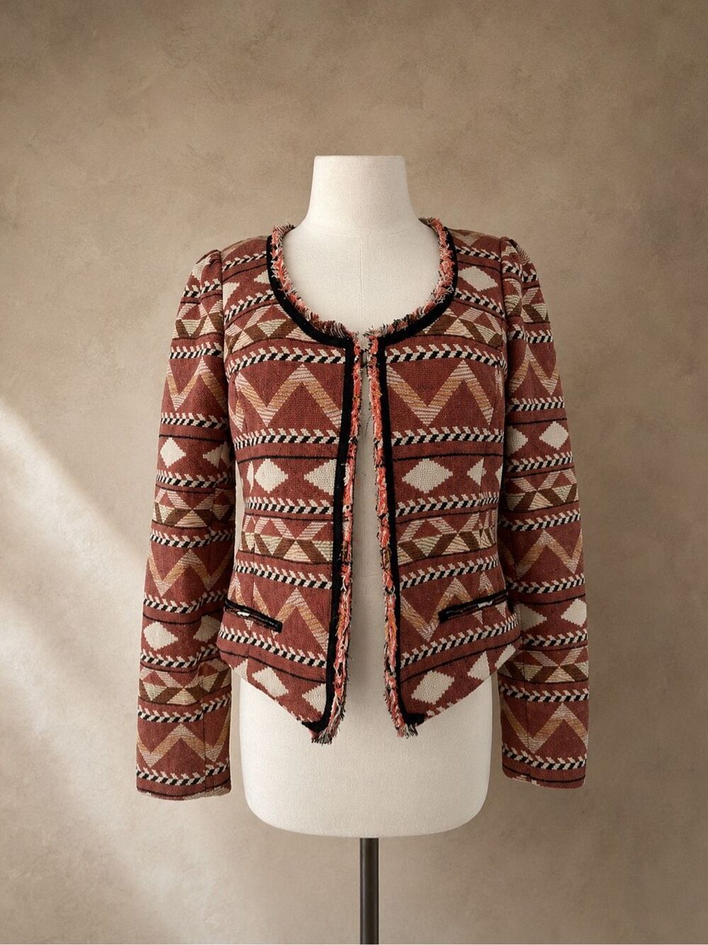 Maison Scotch Size 3 Tribal Jacquard Cropped Open Front Jacket Rust Boho